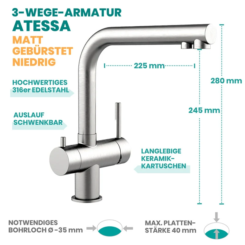 3-4-Wege-Armatur Atessa Edelstahl matt - niedrige Variante