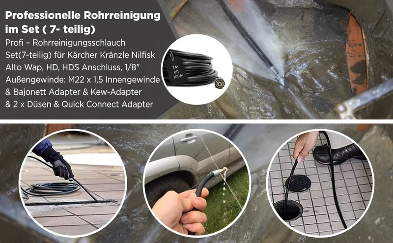 9 Meter Rohrreinigungsschlauch für Kärcher Kränzle NILFISK ALTO 7 Teilig Profi
