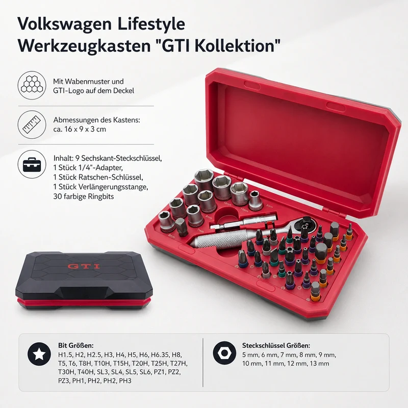 VW GTI Werkzeugkasten schwarz rot mit Bitset, Ratsche, Steckschlüssel, 3A5093889