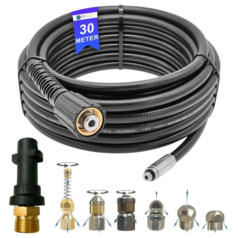 30m Rohrreinigungsschlauch M22 x1,5 IG inkl. Bajonett Adapter und 6 tlg Düsenset