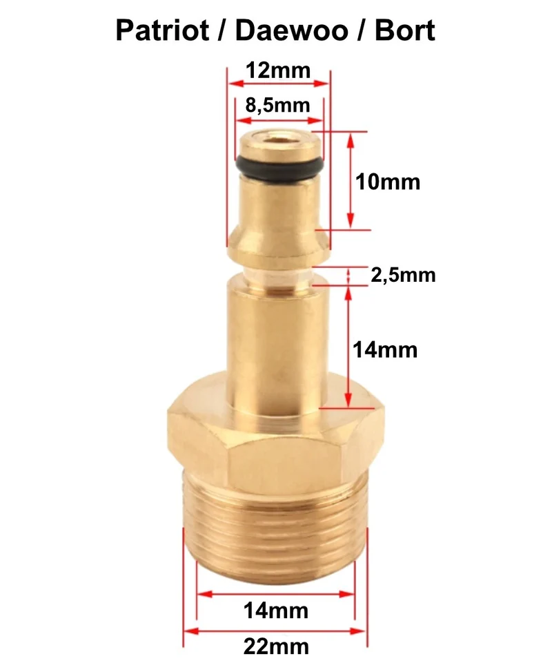 Stecknippel für Patriot / Daewoo / Bort HD Pistole Adapter mit M22 AG Messing