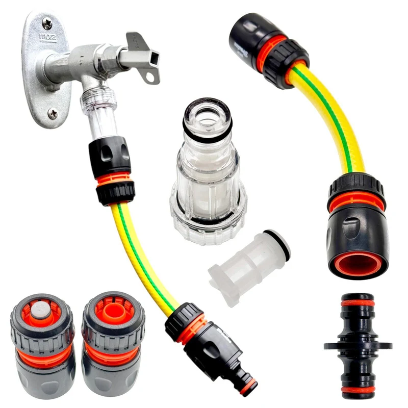 Gartenschlauch Anschluss Set 3/4" 1/2" Hahnanschluss Kupplung Wasserstopp Filter
