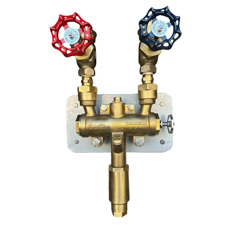 8000T-GM-B-T Thermostatic temperature-limiting Steam & cold water mixing station, bronze, includes 2 globe valves, 2 check valves, stainless steel hose rack with stainless end adapters, aluminum mounting plate, adjustable angle temperature gauge, bolts &