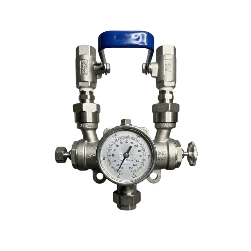 8000BM-S-T Steam & cold water mixing station, stainless steel includes 2 ball valves, 2 check valves, all stainless steel hose rack, stainless steel mounting plate, adjustable angle temperature gauge, bolts & washers