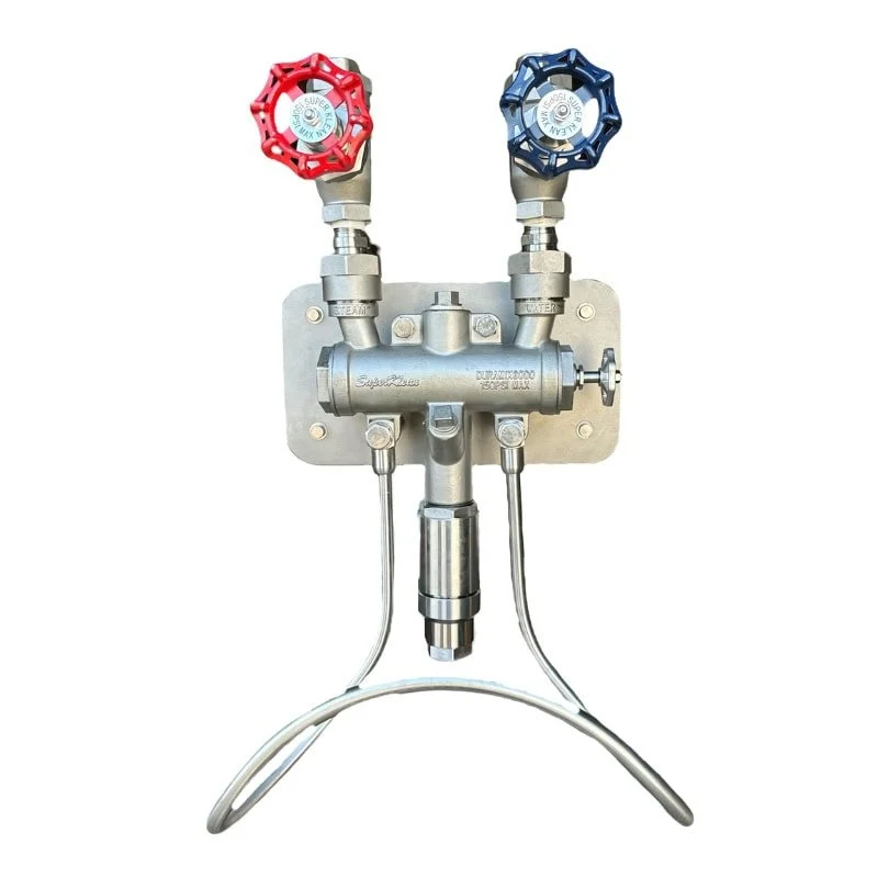 8000T-GM-S Thermostatic temperature-limiting Steam & cold water mixing station, stainless steel, includes 2 globe valves, 2 check valves, all stainless steel hose rack, stainless steel mounting plate, bolts & washers