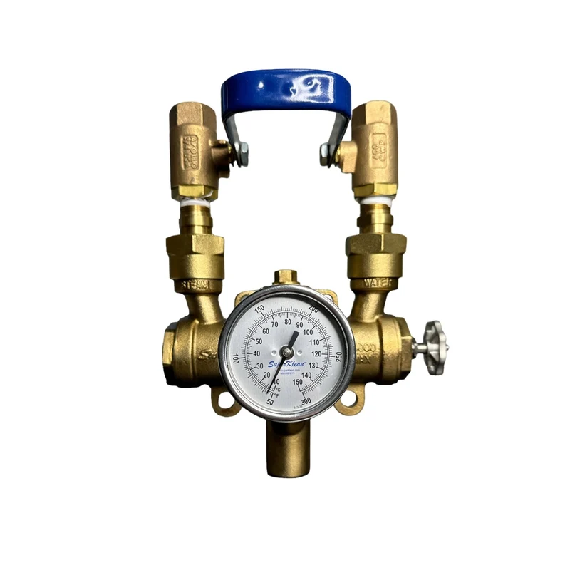 8000BM-B-T Steam & cold water mixing station, bronze, includes 2 ball valves, 2 check valves, all stainless steel hose rack, stainless steel mounting plate, adjustable angle temperature gauge, bolts & washers