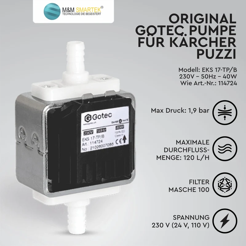 Gotec Wasserpumpe für Kärcher Puzzi 100 200 8/1 10/2 10/1 C ADV Hagerty V 114724