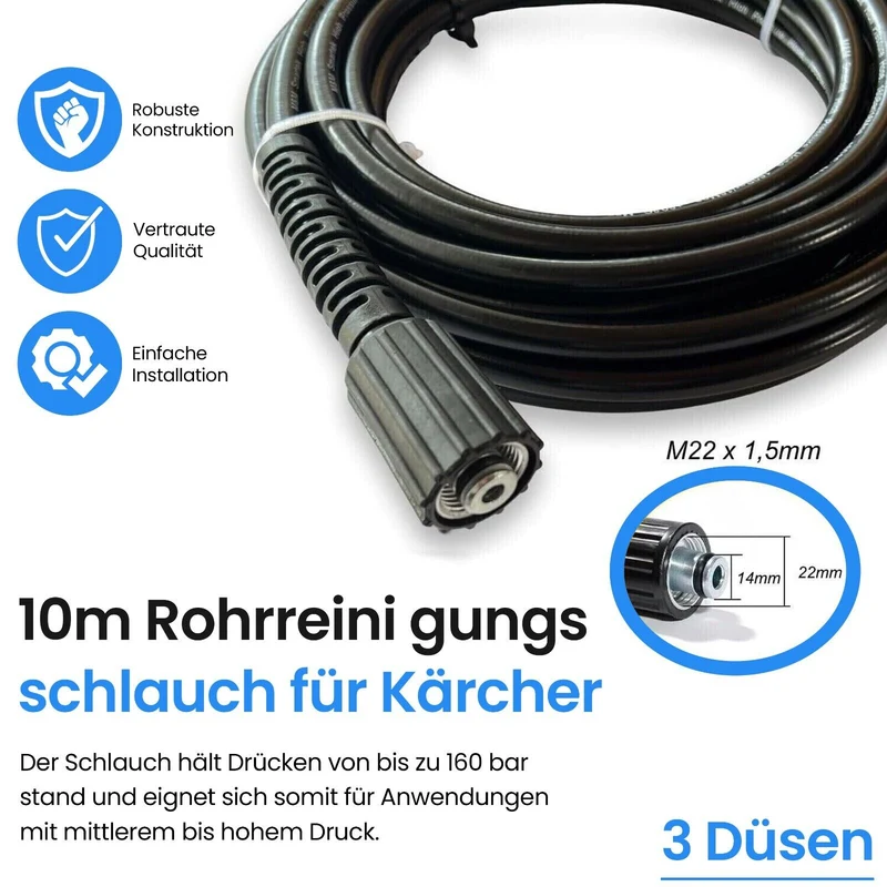 Rohrreinigungsschlauch 10m für Kärcher Kränzle Hochdruckreiniger Abfluss Rohr
