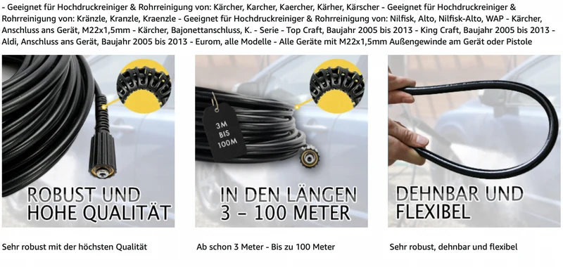 5m Rohrreinigungsschlauch Kanalratte M22 Abflussreiniger für Kärcher Kränzle
