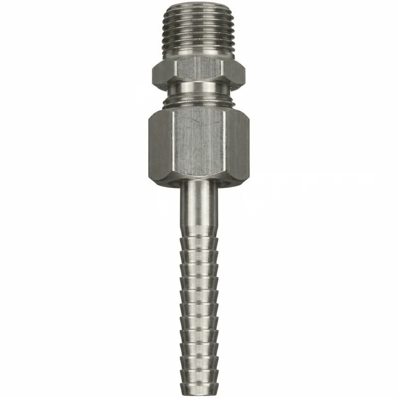 9-3/4-S 3 piece mixer adapter (3/4” NPT x 3/4" hose barb), stainless steel